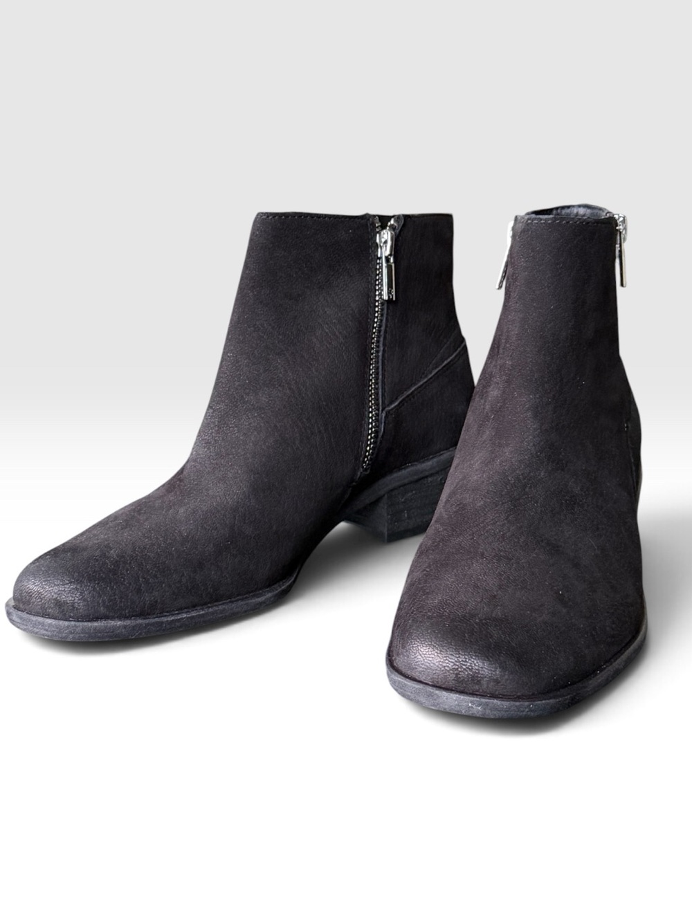 Lucky Brand Baelee Suede Booties Black Low Stacked Heel - Size 9